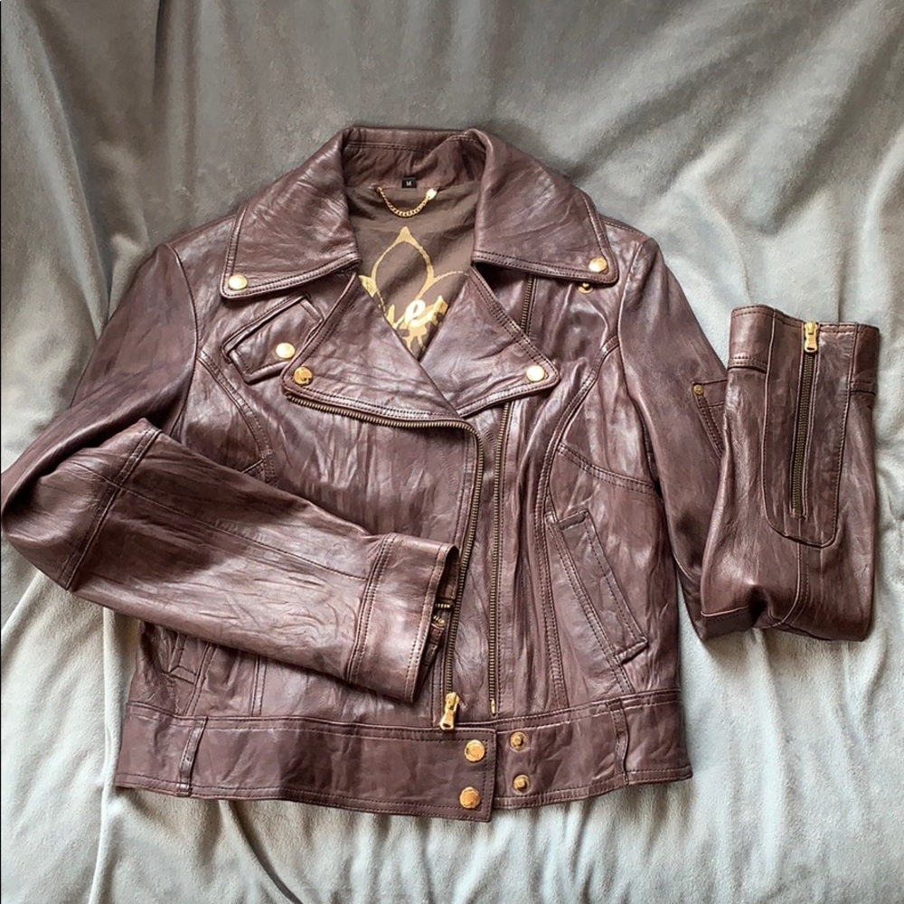 Guess Brown Leather Jacket With Gold Accents